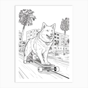 Siberian Husky Dog Skateboarding Line Art 1 Art Print