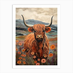 Watercolour & Pencil Floral Illustration Of Highland Cow Art Print