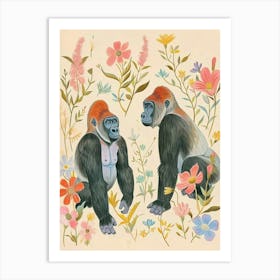 Folksy Floral Animal Drawing Gorilla 7 Art Print