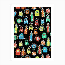 Happy Funky Monsters and Aliens Rainbow on Black Kids Art Print