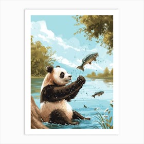 Giant Panda Catching Fish In A Tranquil Lake Storybook Illustration 3 Art Print
