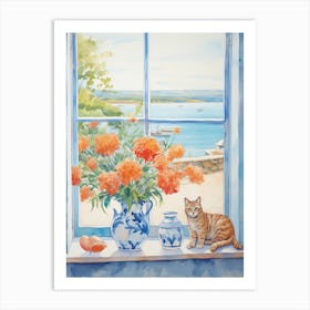 Cat With Azalea Flowers Watercolor Mothers Day Valentines 2 Art Print