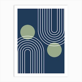 Mid Century Modern Geometric In Navy Blue And Sage Green (Rainbow And Sun Abstract) 01 Art Print