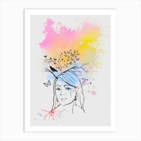 Nature´s Spirit - Lineart Portrait with Watercolor Art Print