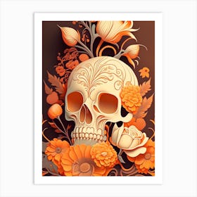 Skull With Intricate Linework Orange Vintage Floral Art Print