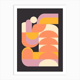 Modern Geometric Shapes In Coral And Lilac on Black Art Print