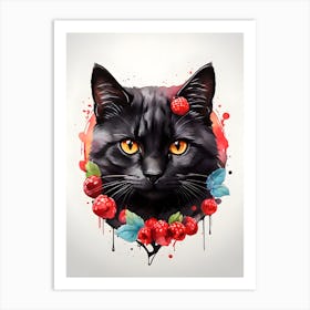 Black Cat With Raspberries Art Print