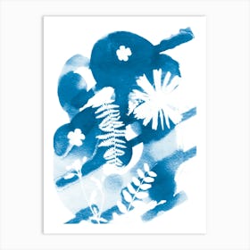 Blue Leaves & Flowers Art Print