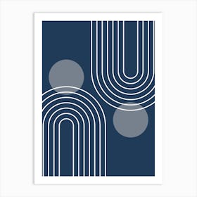 Mid Century Modern Geometric In Navy Blue And Grey (Rainbow And Sun Abstract) 01 Art Print