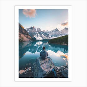 Man Sitting On Rock Overlooking Lake Art Print