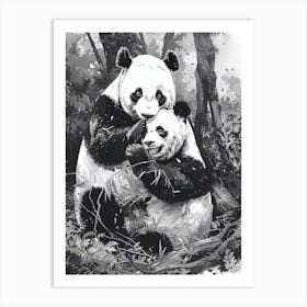 Giant Panda Playing Together In A Forest Ink Illustration 4 Art Print