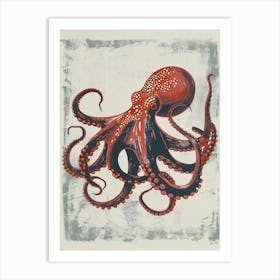 Retro Linocut Inspired Red & Navy Octopus 6 Art Print