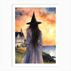 Sally Returning Home to Owens House Practical Magic - White Romantic Victorian Mansion by the Sea - Gillian Awaits - The Sun Setting Perfect Witchcraft Gallery Feature Wall Witchy Art Pagan Watercolor Wicca Wheel of the Year HD Art Print