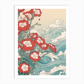 Great Wave With Sweet William Flower Drawing In The Style Of Ukiyo E 1 Art Print