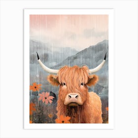 Cute Floral Illustration Of Highland Cow In The Rain Art Print