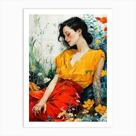 Girl In Flowers illustration Art Print