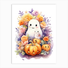 Cute Ghost With Pumpkins Halloween Watercolour 28 Art Print