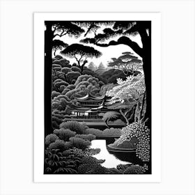 Ryoan Ji Garden, 1, Japan Linocut Black And White Vintage Art Print