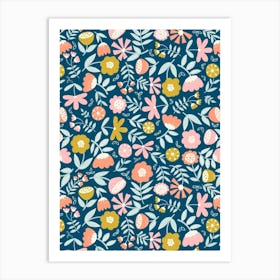 Cute Soft Scattered Scandi Florals Pink, Yellow, Light Blue, Navy Blue Art Print