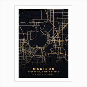 Madison Wisconsin USA Black And Gold Map Art Print