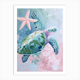 Sea Turtle With A Star Fish Pastel 1 Art Print