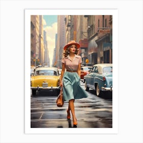 New York Middle 20th Century Walking Girl Retro Cars 5 Art Print