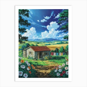 Anime Canvas Art: Idyllic Countryside Landscape with a Rustic House, Blooming Flowers, and Majestic Mountains, Perfect for Lofi Aesthetic and Nature Lovers. Art Print