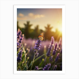 Butterfly In Lavender Field At Sunset Art Print