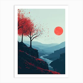 Red Trees In The Valley, Minimalism Art Print