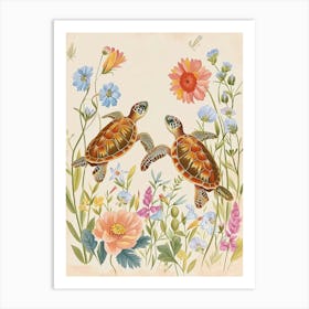 Folksy Floral Animal Drawing Turtle Art Print