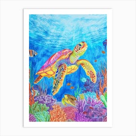Colourful Sea Turtle Exploring Deep Into The Ocean Crayon Doodle 2 Art Print
