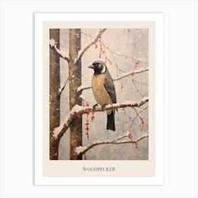 Vintage Winter Animal Painting Poster Woodpecker 4 Art Print