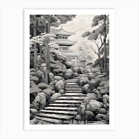 Koya San In Wakayama, Ukiyo E Black And White Line Art Drawing 4 Art Print
