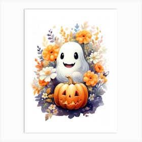 Cute Ghost With Pumpkins Halloween Watercolour 14 Art Print