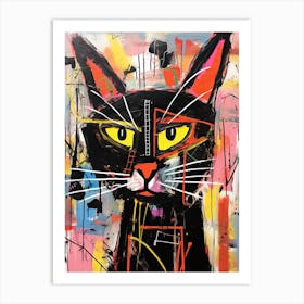 Whiskered Dreams: Basquiat's style Black Cat Tale Art Print