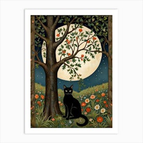 Black Cat Under A Tree Style William Morris Art Print