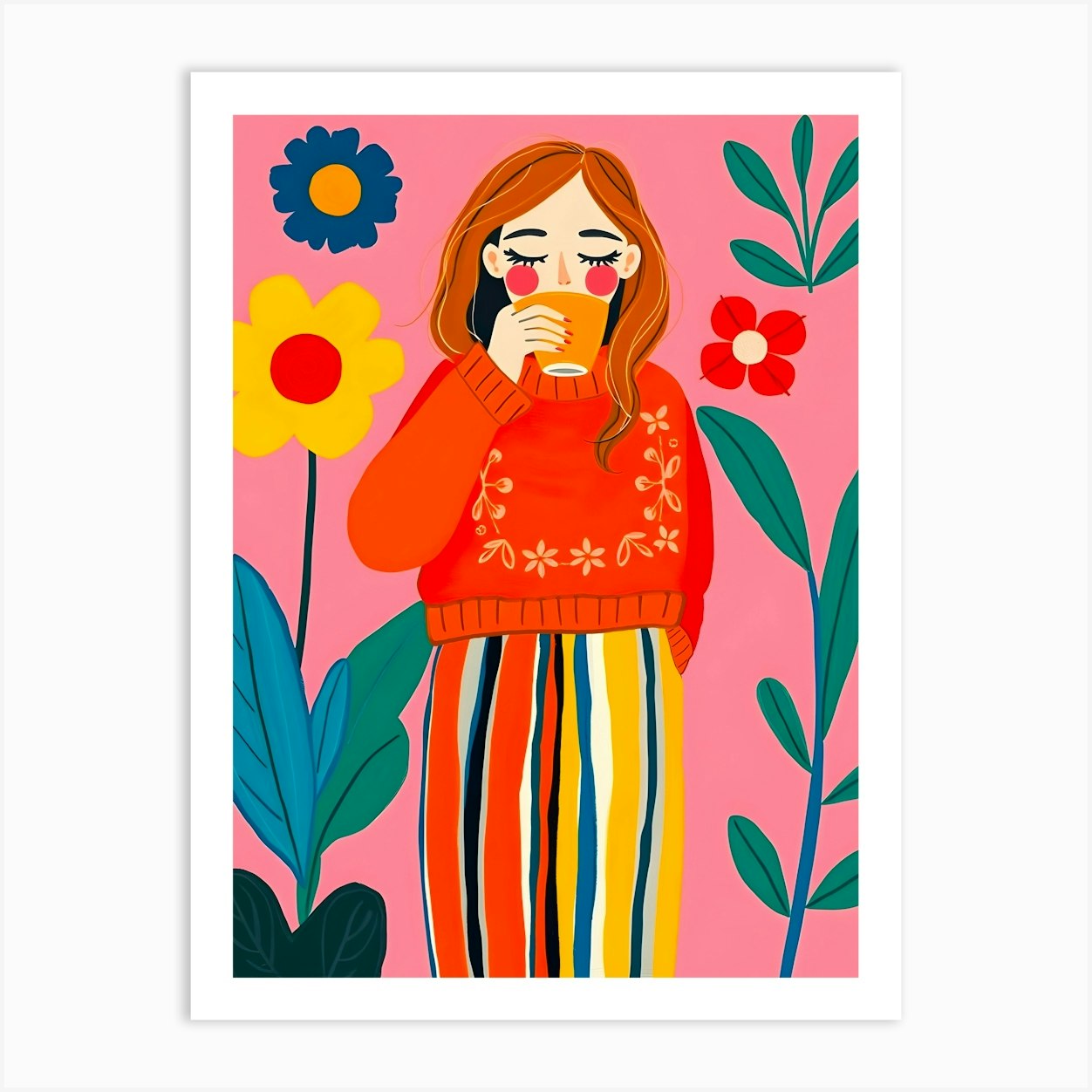 Calm Woman Portrait In Striped Trousers Art Print by ARTISTIC AVENUE
