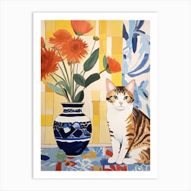 Pansy Flower Vase And A Cat, A Painting In The Style Of Matisse 1 Art Print