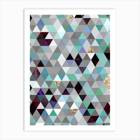 Abstract Geometric Triangle Pattern in Teal Blue and Glitter Gold n.0011 Art Print