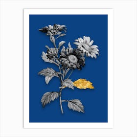 Vintage Red Aster Flowers Black and White Gold Leaf Floral Art on Midnight Blue n.0165 Art Print
