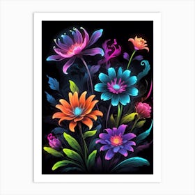 Colorful Flowers On Black Background Art Print