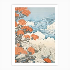 Great Wave With Verbena Flower Drawing In The Style Of Ukiyo E 2 Art Print