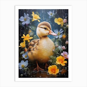 Duckling In The Rain Floral Painting 3 Art Print