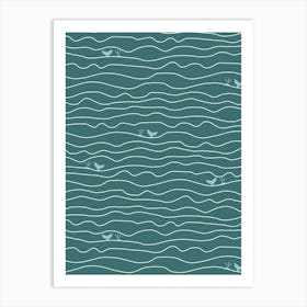 Wavy Ocean Lines with Hidden Whales Teal Blue White Art Print