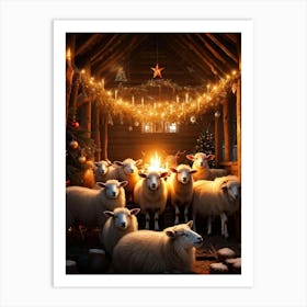 Sheep Gathered In A Rustic Barn For A Christmas Celebration Stars Glowing From Numerous Candles Arr Art Print