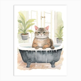 British Shorthair Cat In Bathtub Botanical Bathroom 3 Art Print