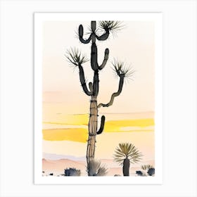 Joshua Trees At Dawn In Desert Minimilist Watercolour  (1) Art Print