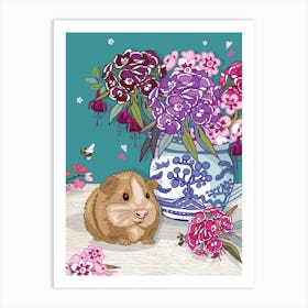 Guinea Pig And Sweet Williams In A Blue Willow Jug Art Print