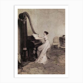Woman Playing The Piano Vinatage Portrait Painting Art Print