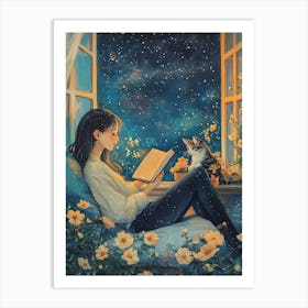 Girl Reading Book with Her Cat Art Print